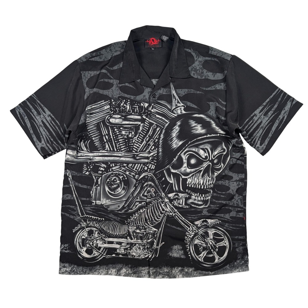 Vtg Dragonfly Clothing Shirt Mens XL‎ Black Biker Skeleton Skull Chopper Flame